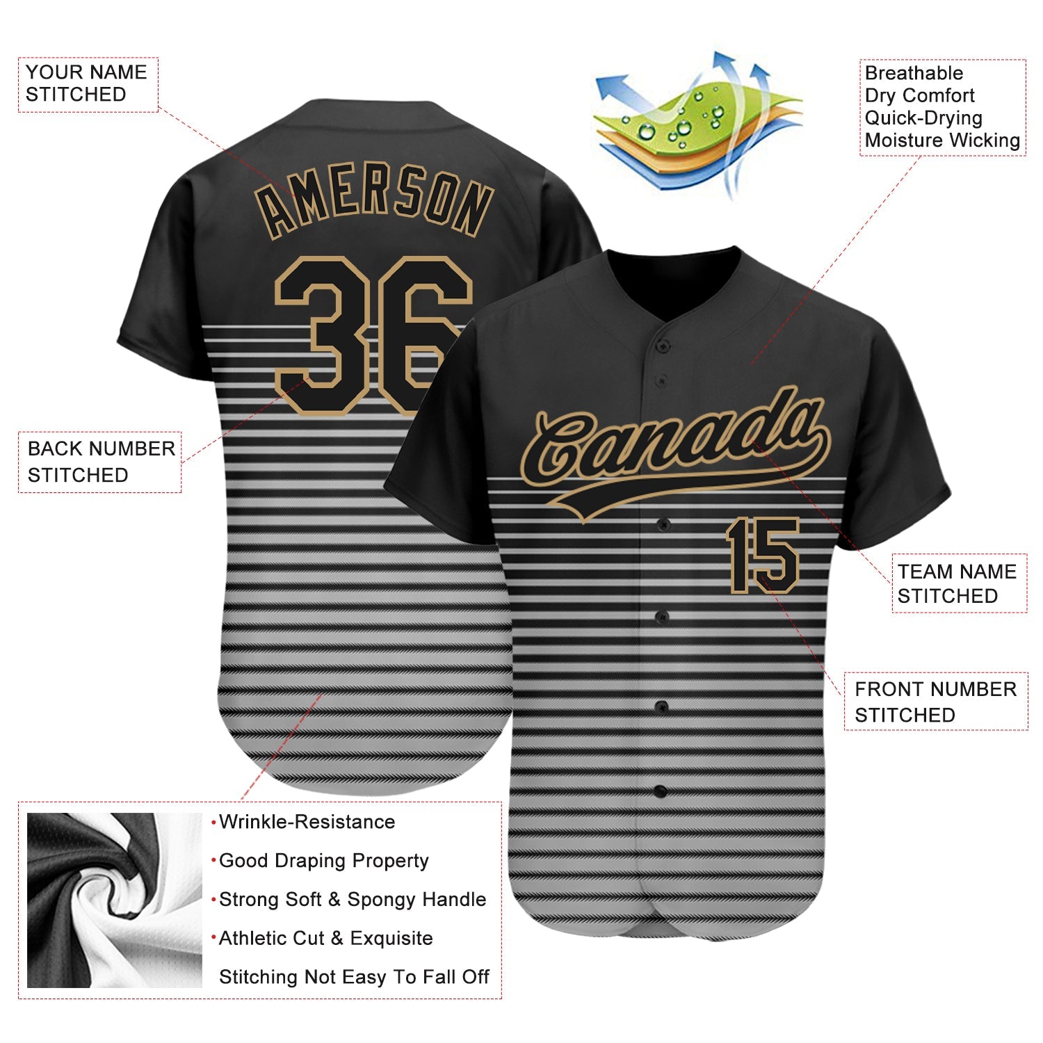 Custom Black Black Old Gold-Gray 3D Pattern Design Authentic Baseball Jersey