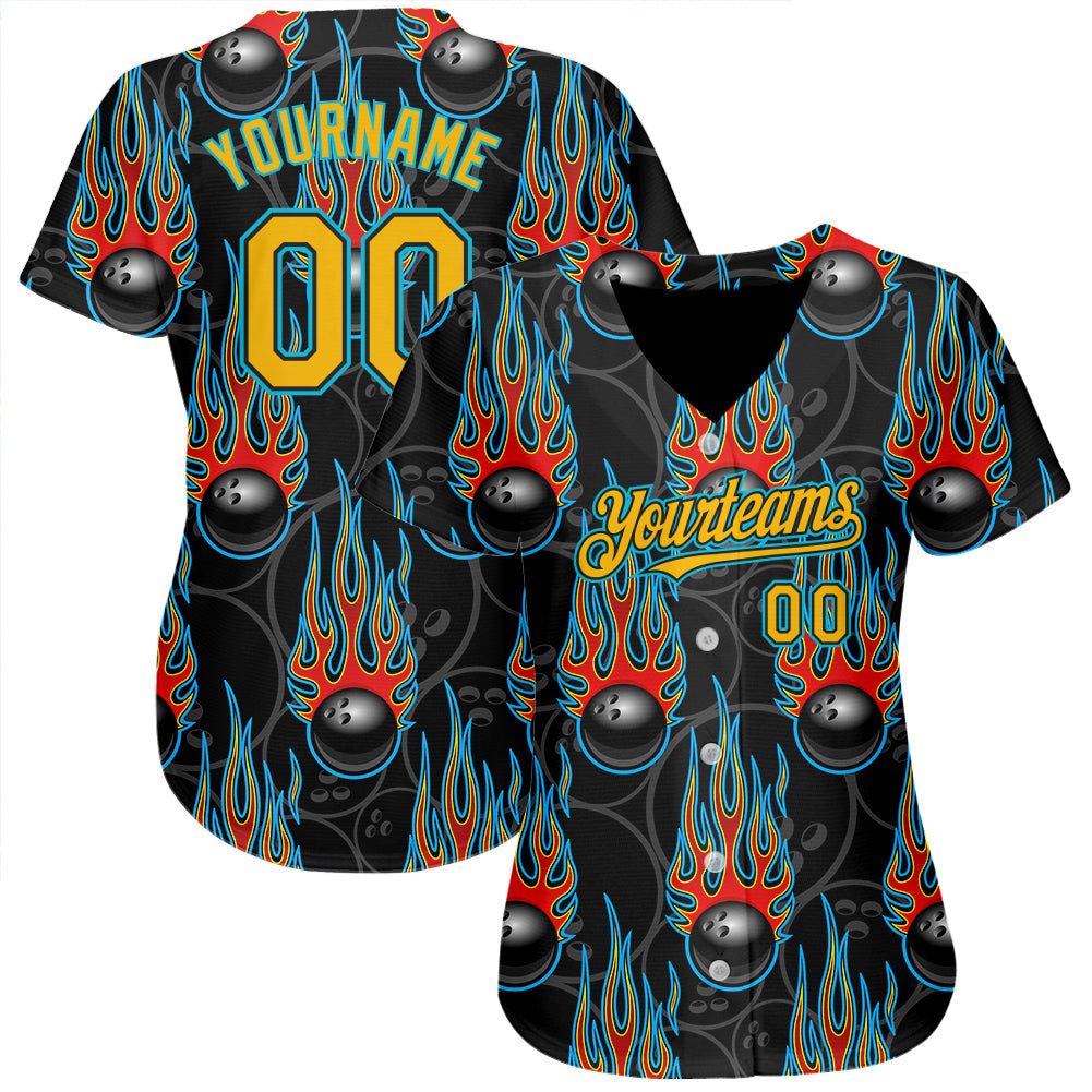 Custom Black Gold-Lakes Blue 3D Pattern Design Bowling Ball With Hotrod Flame Authentic Baseball Jersey