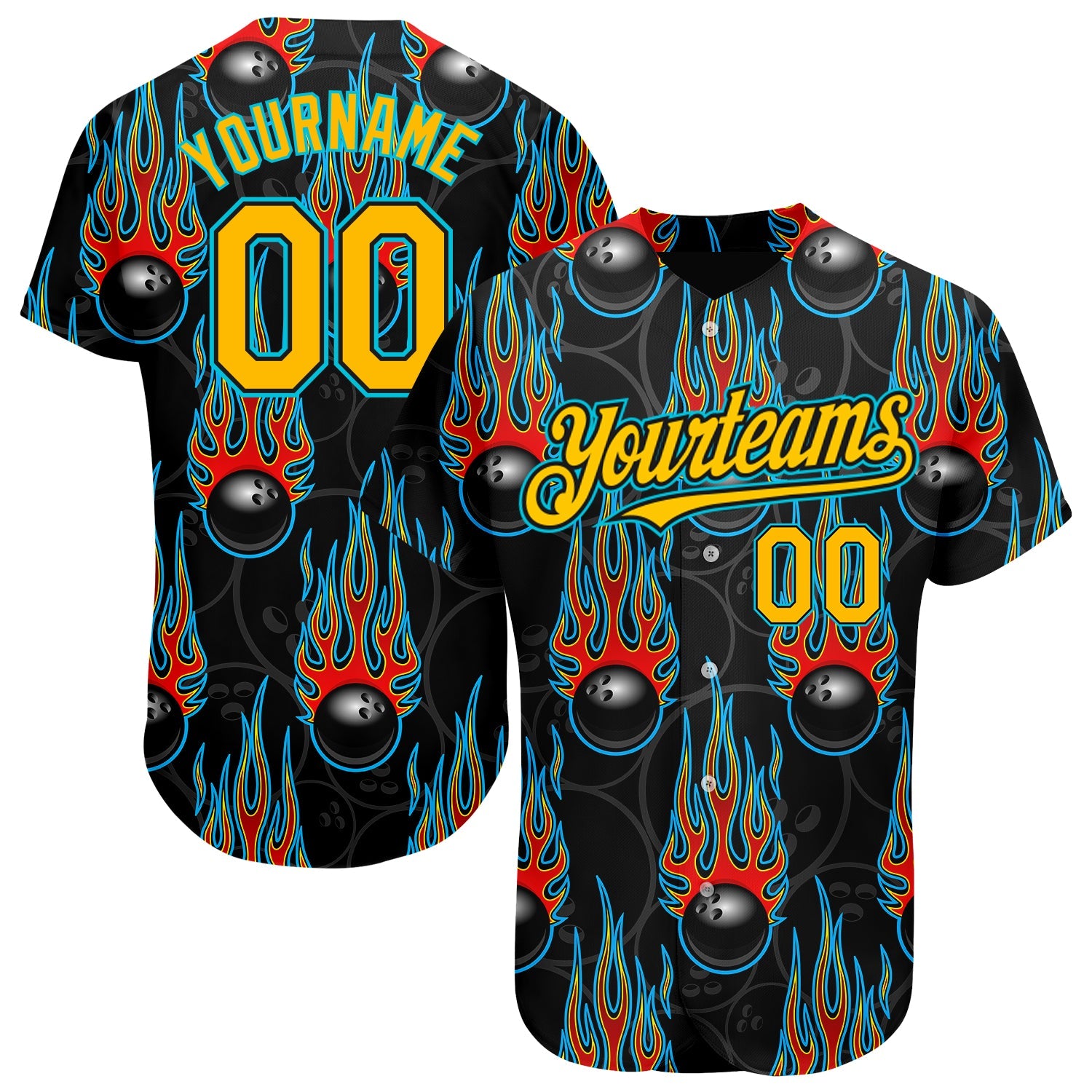 Custom Black Gold-Lakes Blue 3D Pattern Design Bowling Ball With Hotrod Flame Authentic Baseball Jersey