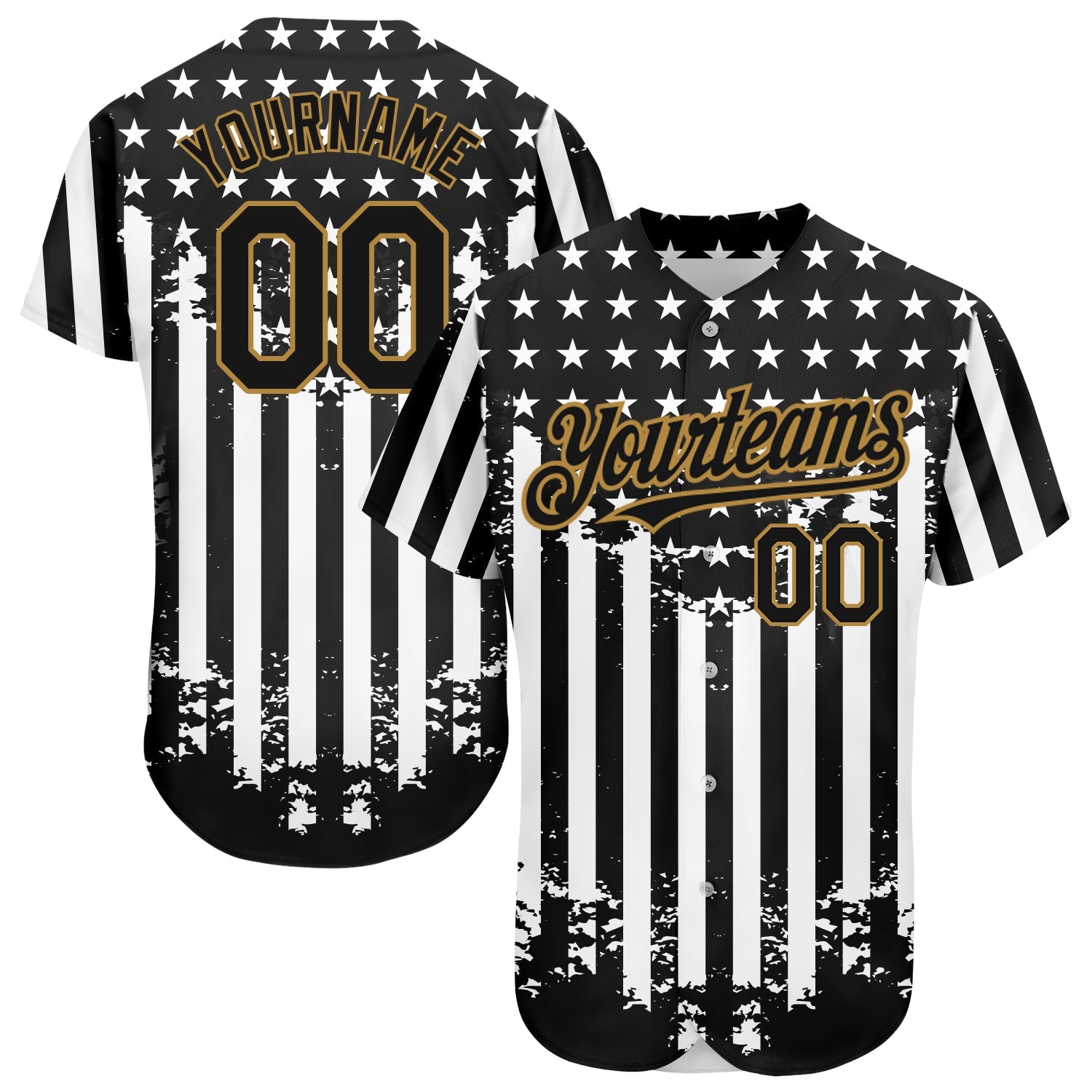 Custom Black Old Gold-White 3D American Flag Authentic Baseball Jersey