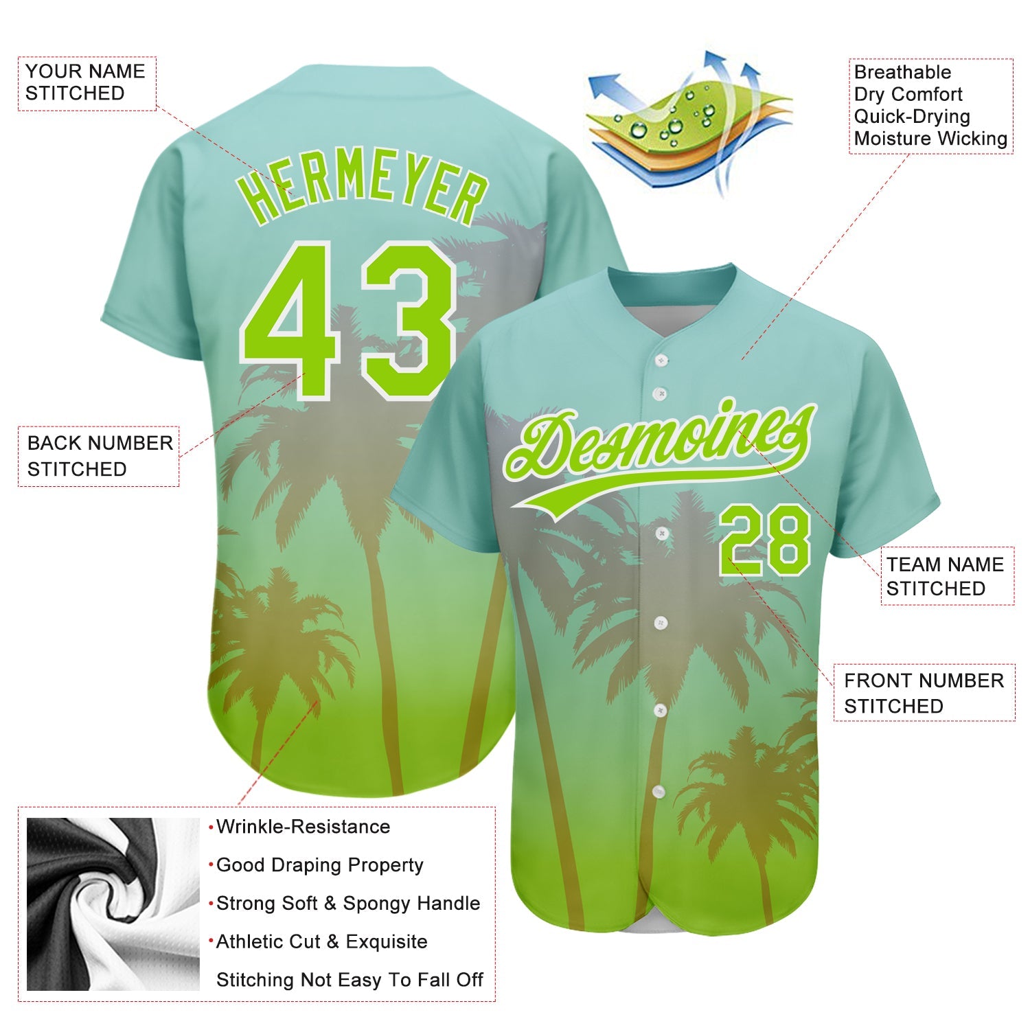 Custom Aqua Neon Green-White 3D Pattern Design Hawaii Palm Trees Authentic Baseball Jersey