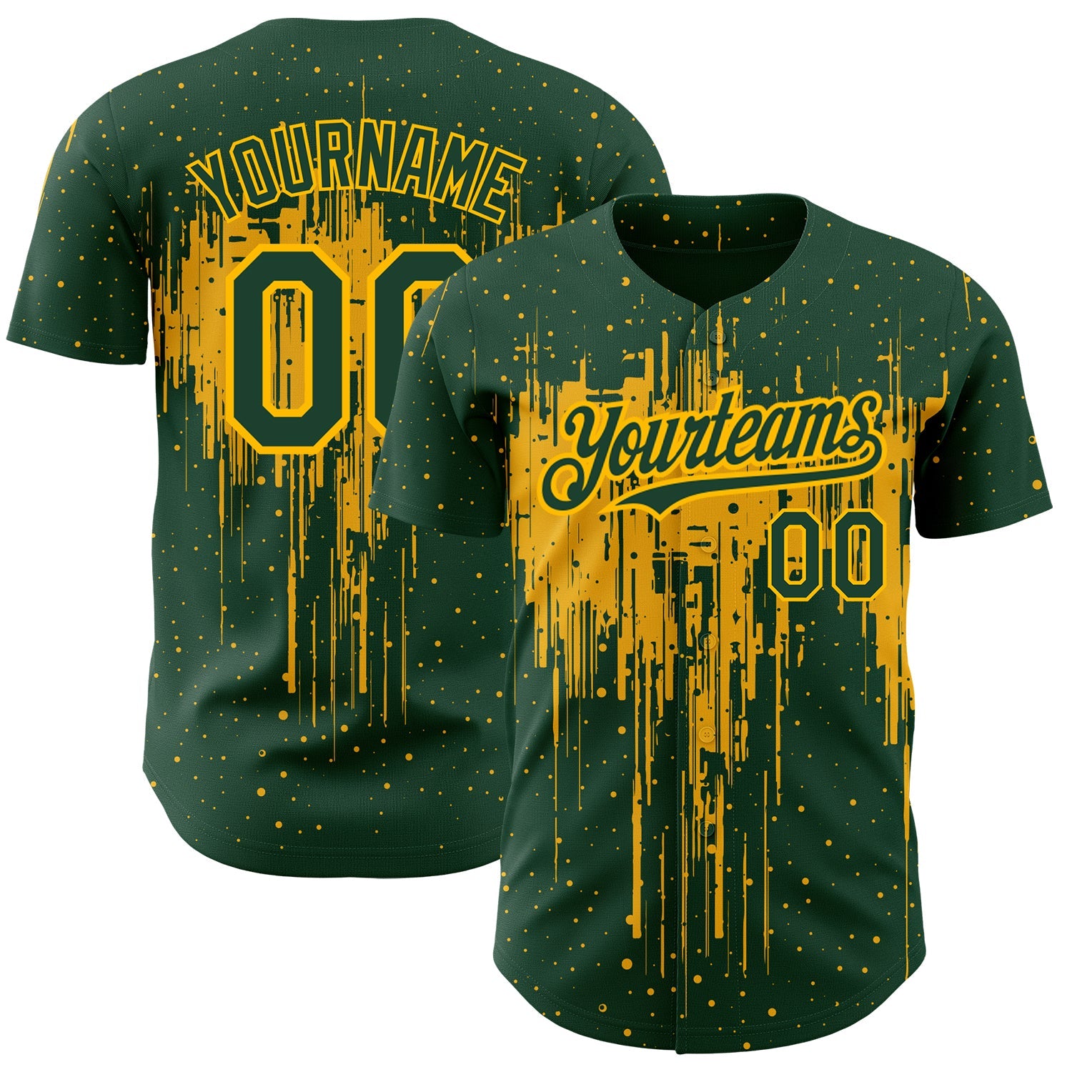 Custom Green Gold 3D Pattern Design Dripping Splatter Art Authentic Baseball Jersey