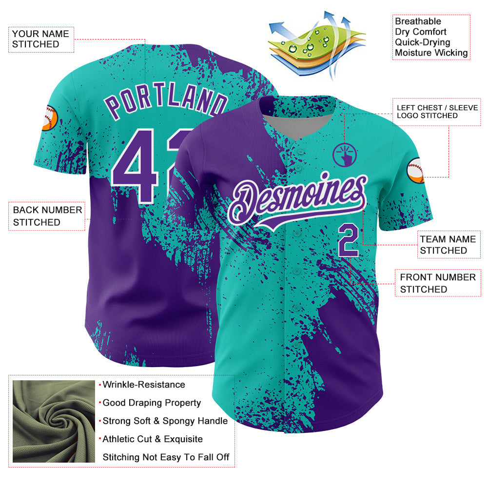 Custom Aqua Purple-White 3D Pattern Design Abstract Brush Stroke Authentic Baseball Jersey