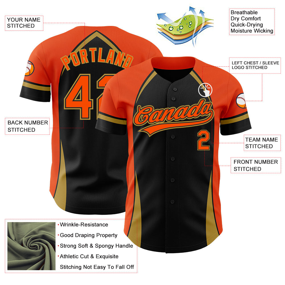 Custom Black Orange-Old Gold 3D Pattern Design Curve Solid Authentic Baseball Jersey