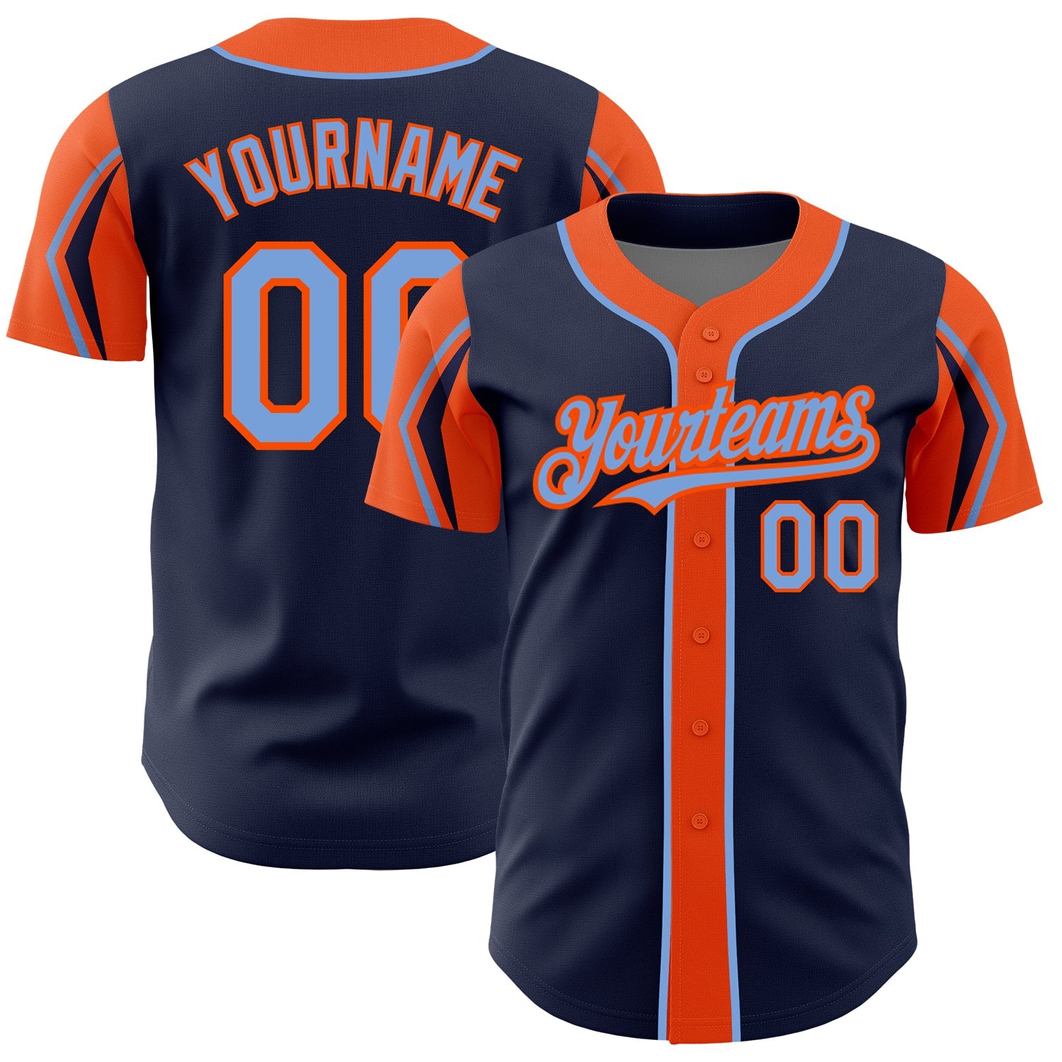 Custom Navy Powder Blue-Orange 3 Colors Arm Shapes Authentic Baseball Jersey