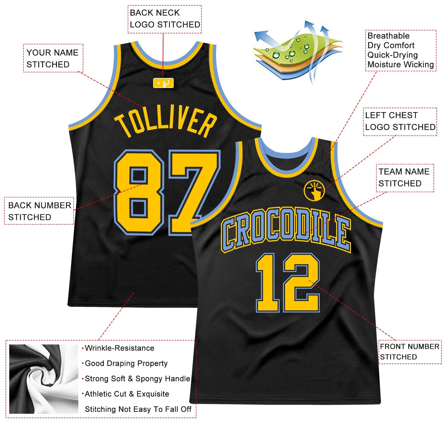 Custom Black Gold-Light Blue Authentic Throwback Basketball Jersey