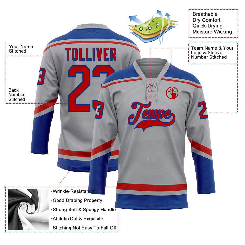 Custom Gray Red-Royal Hockey Lace Neck Jersey