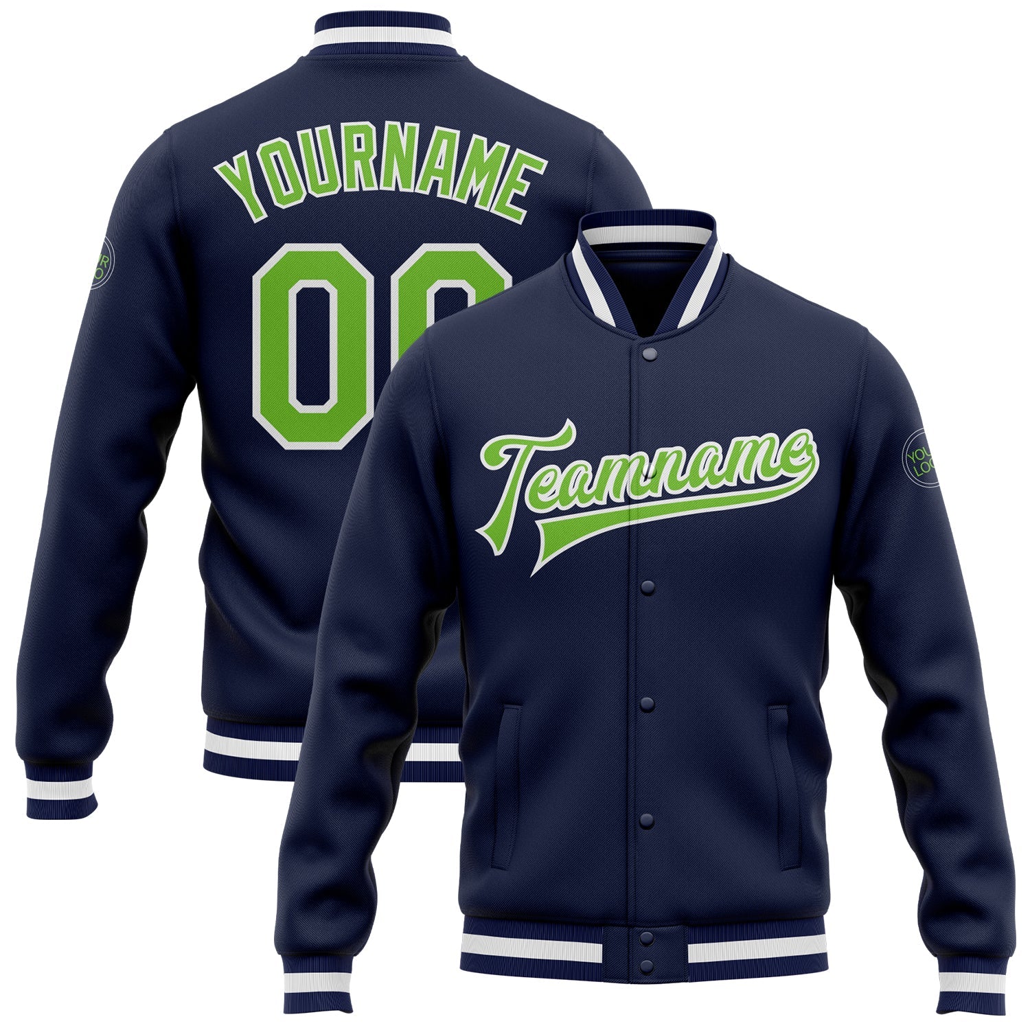 Custom Navy Neon Green-White Bomber Full-Snap Varsity Letterman Jacket