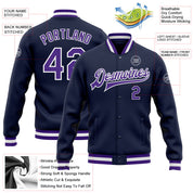 Custom Navy Purple-White Bomber Full-Snap Varsity Letterman Jacket