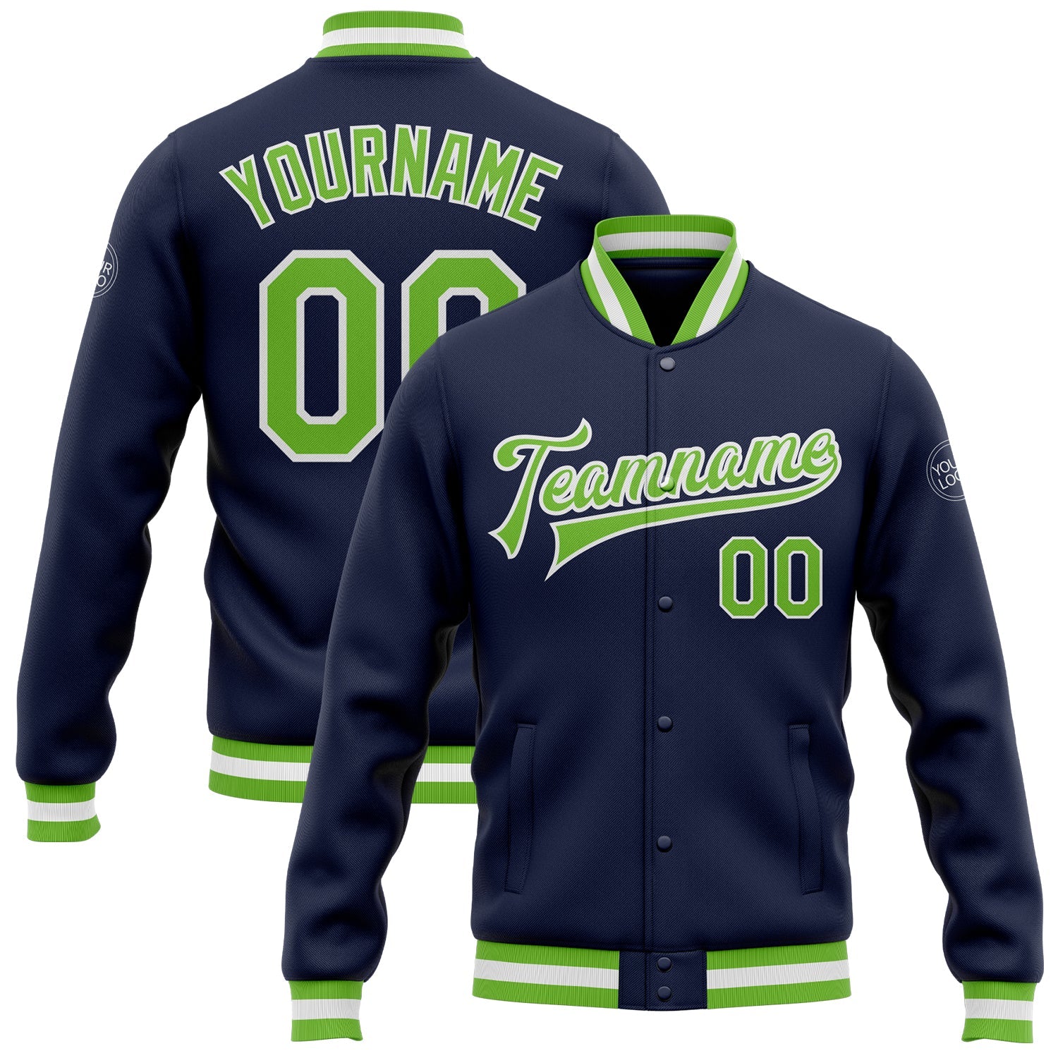 Custom Navy Neon Green-White Bomber Full-Snap Varsity Letterman Jacket