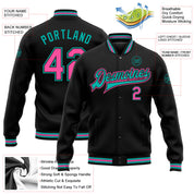 Custom Black Pink-Aqua Bomber Full-Snap Varsity Letterman Jacket