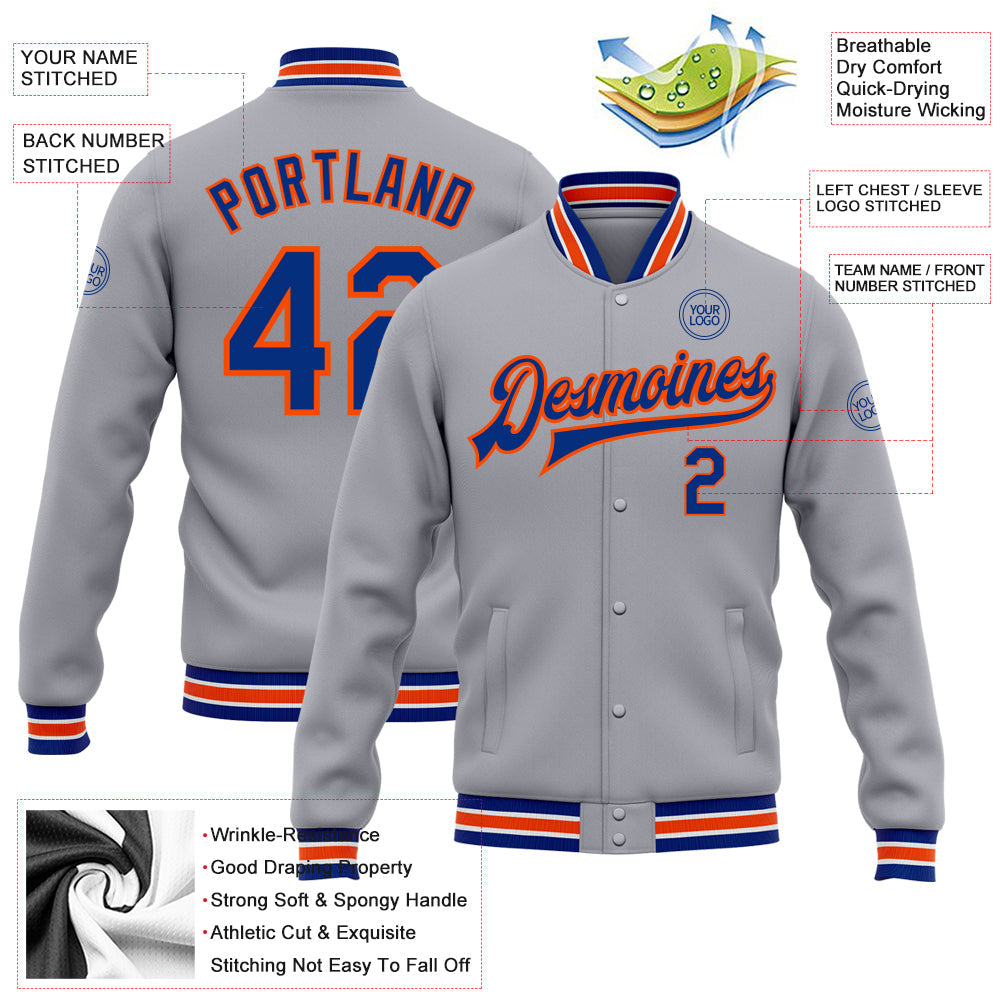 Custom Gray Royal-Orange Bomber Full-Snap Varsity Letterman Jacket