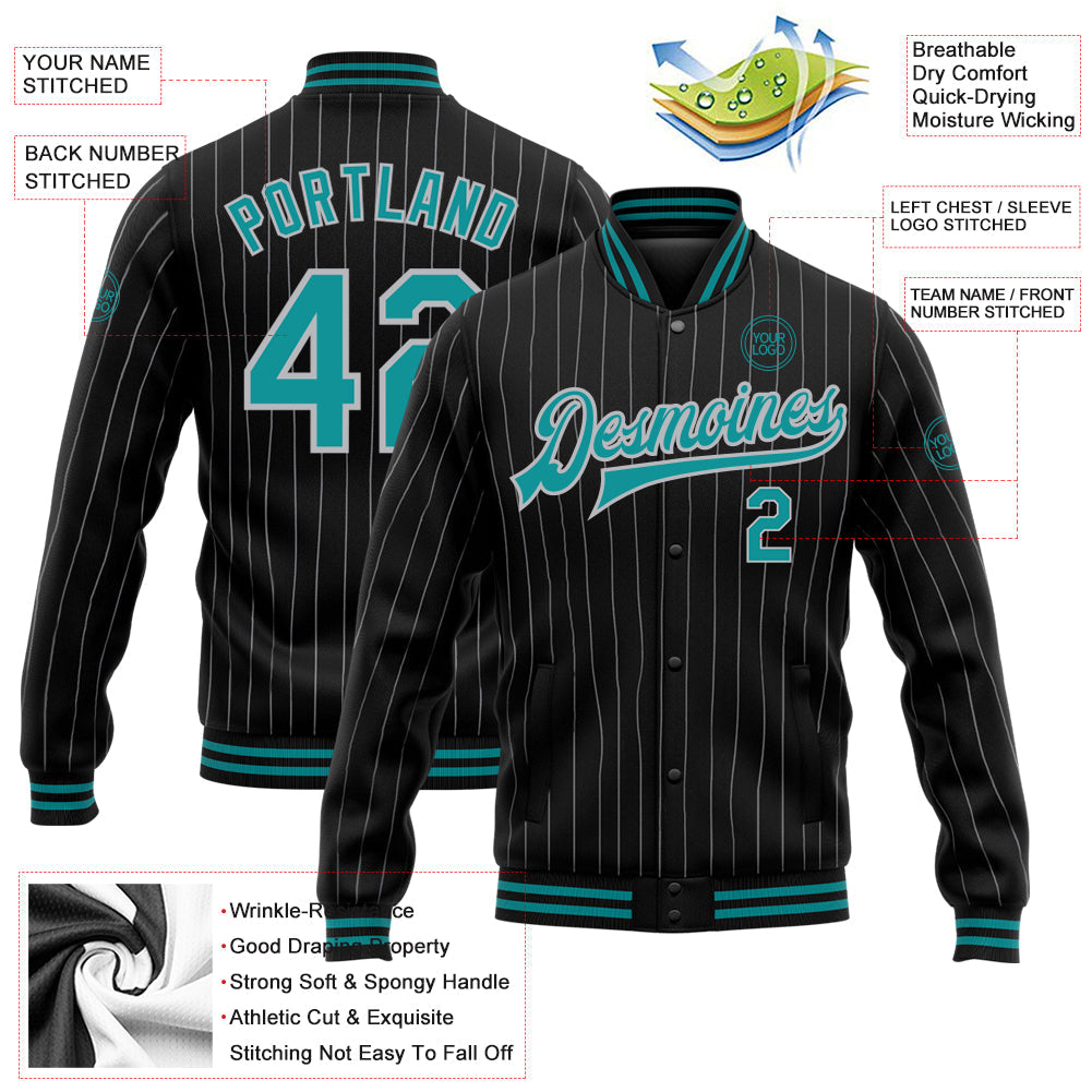 Custom Black Gray Pinstripe Teal Bomber Full-Snap Varsity Letterman Jacket