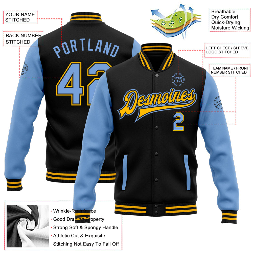 Custom Black Light Blue-Gold Bomber Full-Snap Varsity Letterman Two Tone Jacket