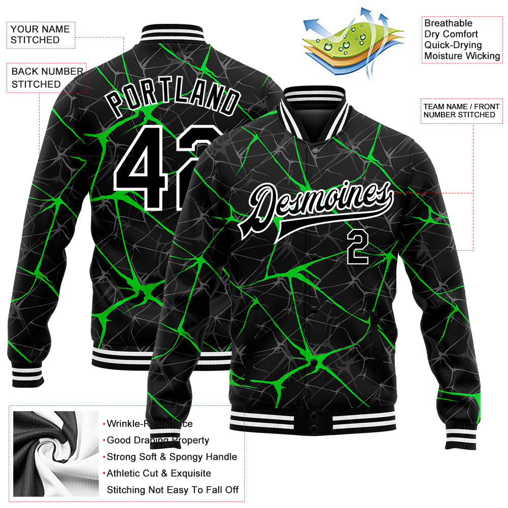 Custom Black Neon Green 3D Pattern Design Bomber Full-Snap Varsity Letterman Jacket