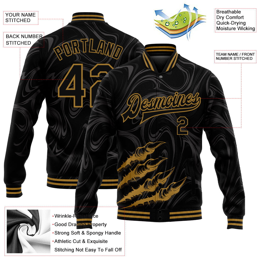 Custom Black Old Gold Beast Claws 3D Pattern Design Bomber Full-Snap Varsity Letterman Jacket