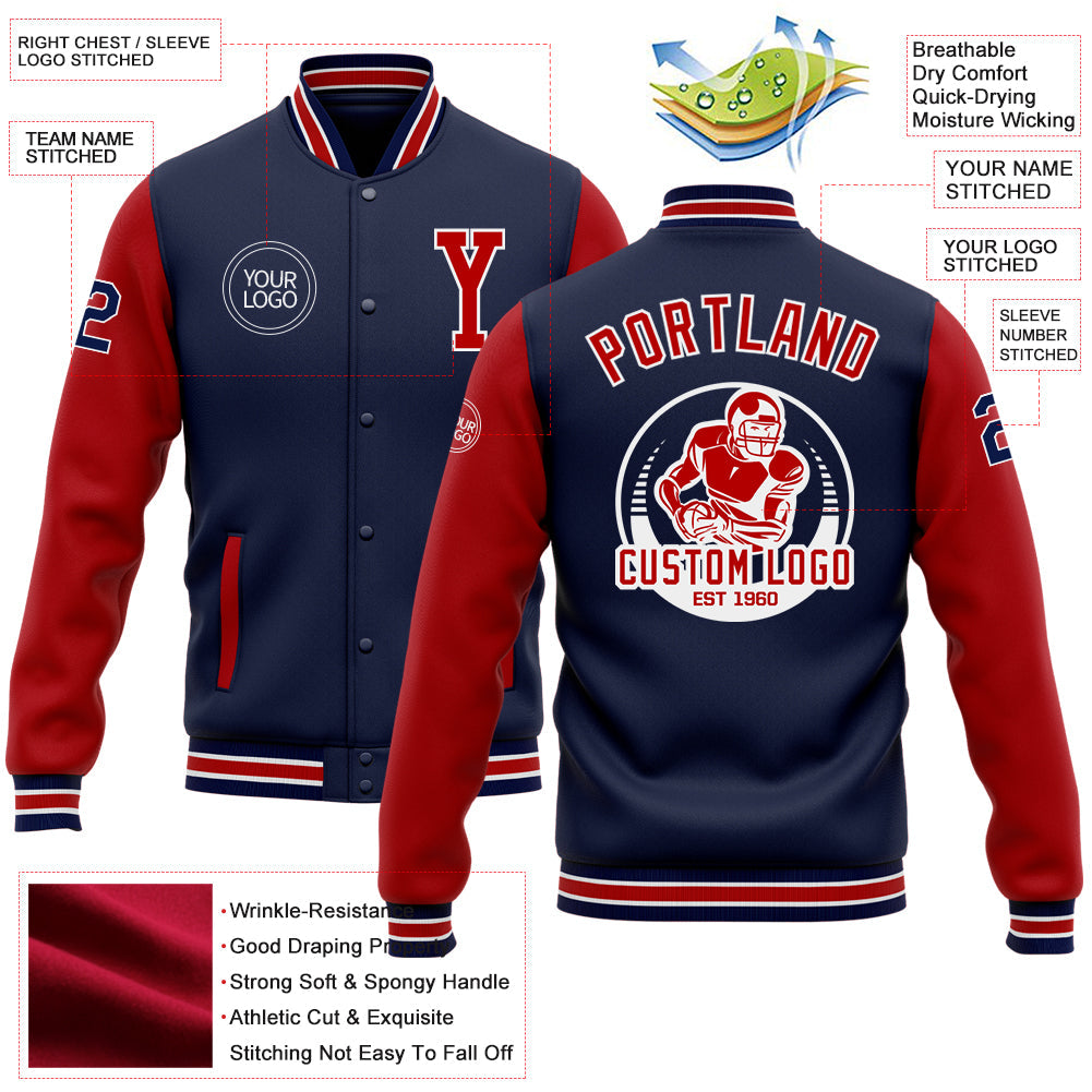 Custom Navy Red-White Bomber Full-Snap Varsity Letterman Two Tone Jacket