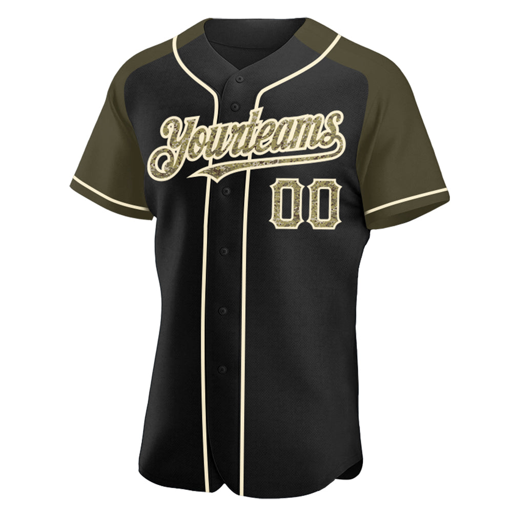 Custom Black Camo Olive-Cream Authentic Raglan Sleeves Baseball Jersey