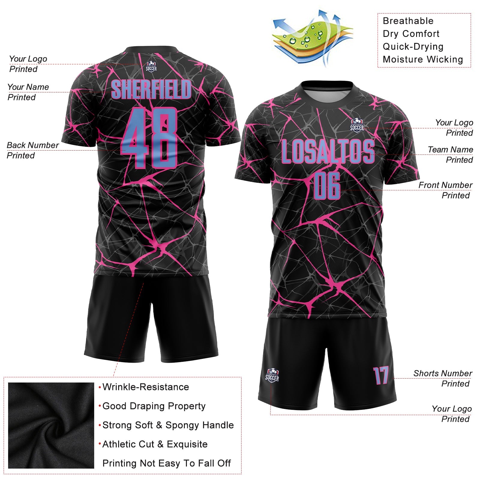 Custom Black Light Blue-Pink Sublimation Soccer Uniform Jersey