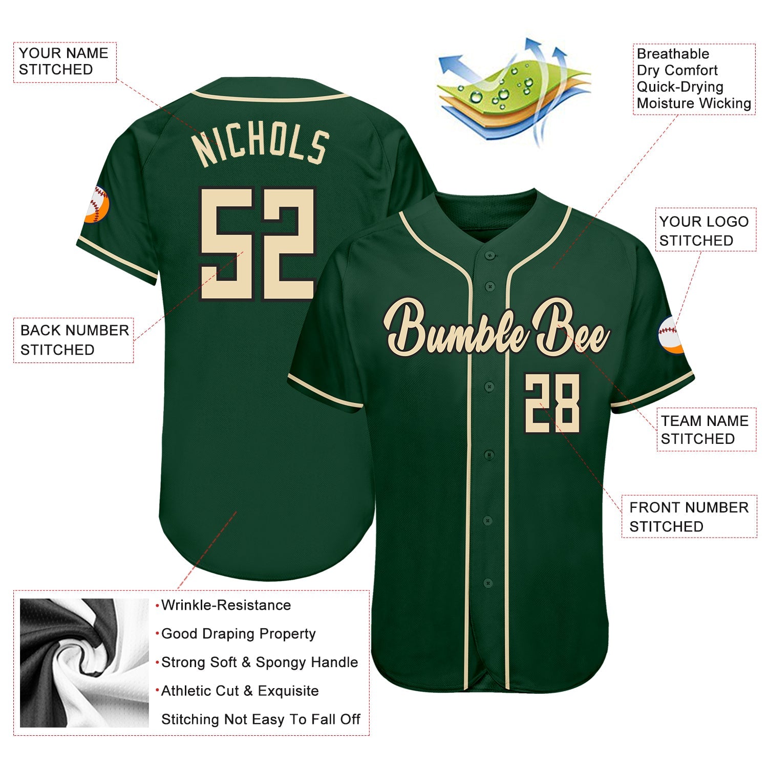 Custom Green Cream-Black Authentic Baseball Jersey